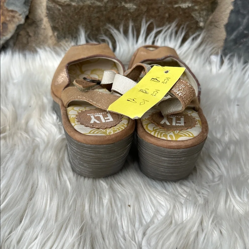 NEW Fly London Yora gold peep-toe wedge sandals size 40